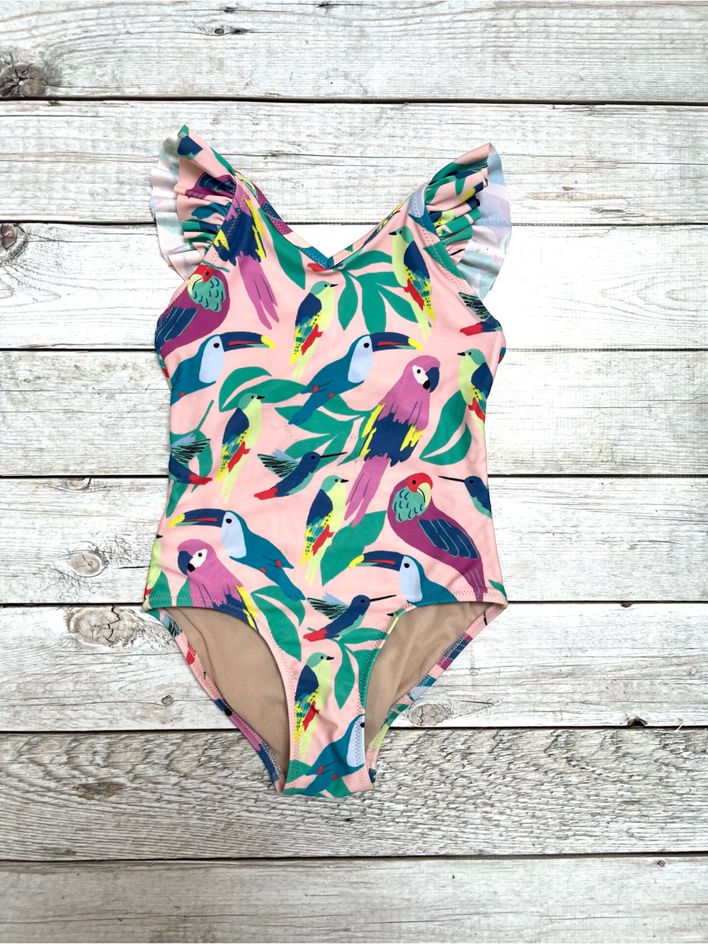 Tea Collection Pink Tropical Bird Ruffle One-Piece Swimsuit
